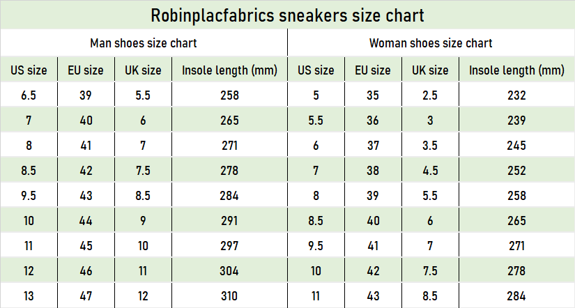 Sneakers size chart