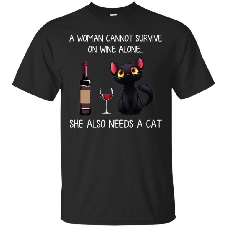 A woman cannot survive on wine alone she also needs a cat t shirt, tank top
