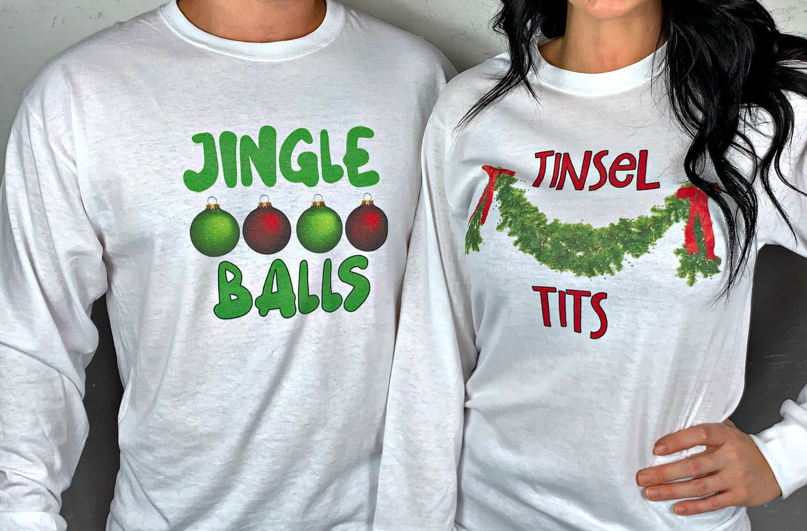 Funny couples christmas shirts jingle balls and tinsel tits