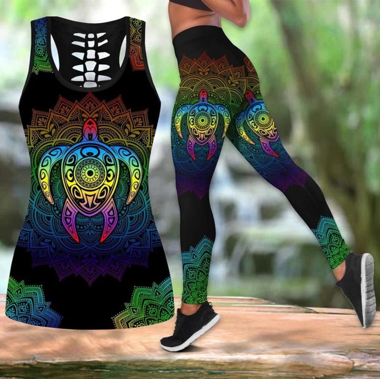 Colorful Sea Turtles Leggings and Hollow out Tank Top