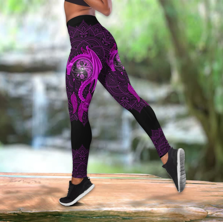 Mandala Purple Dragon Tattoo Leggings and Hallow Out Tank Top
