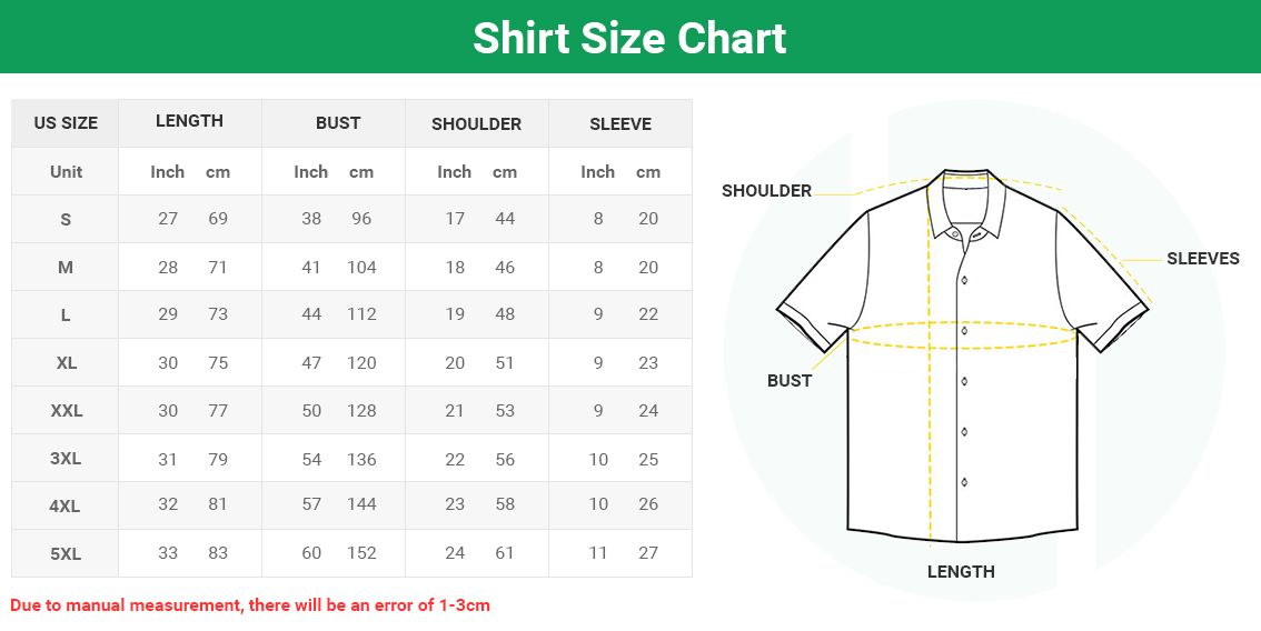 Button-up T Shirt Size Chart