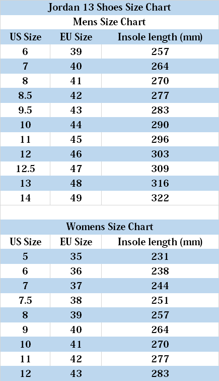 jordan 13 size chart