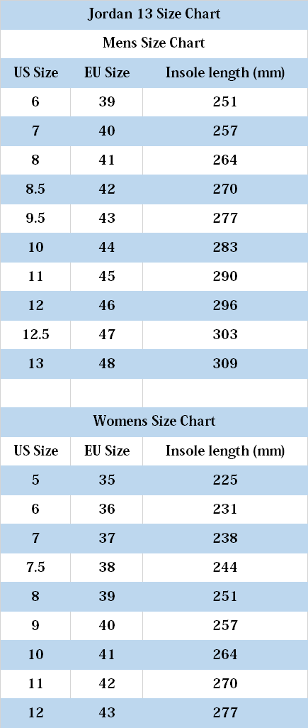 jordan 13 size chart