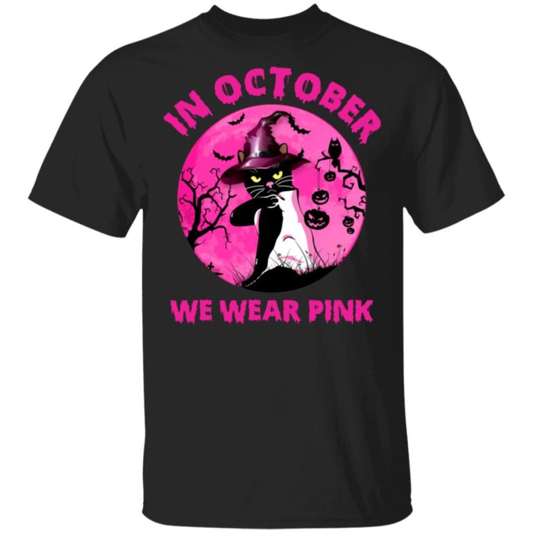 Black Cat Witch In October We Wear Pink Breast Cancer Halloween Shirt