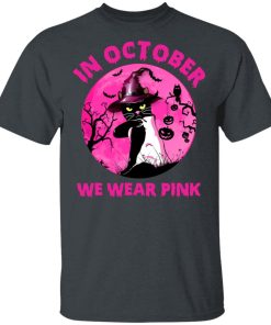 Black Cat Witch In October We Wear Pink Breast Cancer Halloween Shirt