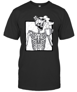 Halloween Coffee Drinking Skeleton Skull Shirt