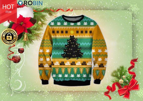 Black Cat Tree Christmas Wool Ugly Sweater