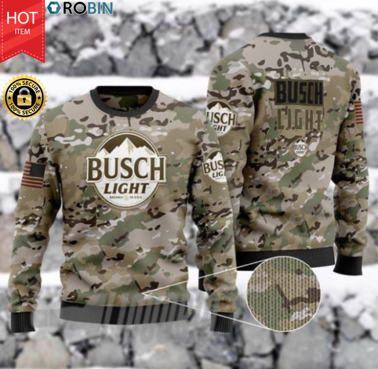 US Army Camo Busch Light Wood Ugly Christmas Sweater