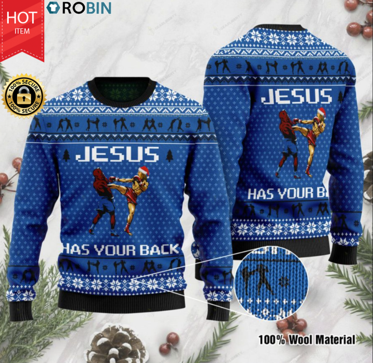Jesus has your back Muay Thai ugly christmas sweater