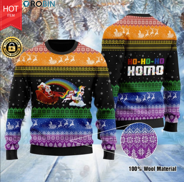 LGBT Santa Claus and unicorn hohoho homo ugly christmas sweater