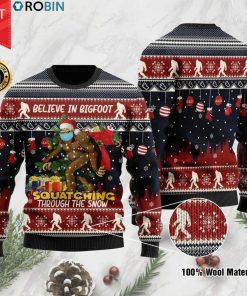 Believe In Bigfoot Squatching Through The Snow Christmas Sweater