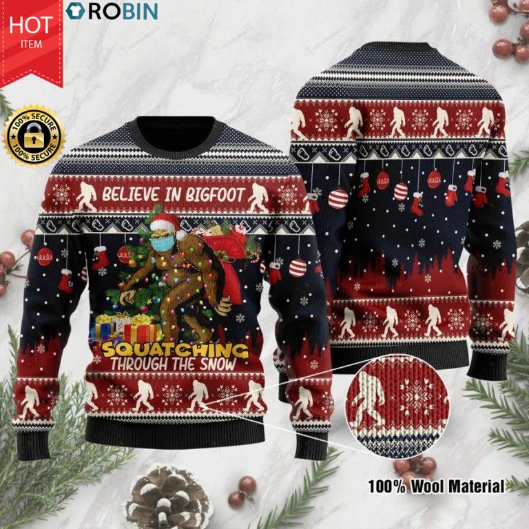 Believe In Bigfoot Squatching Through The Snow Christmas Sweater