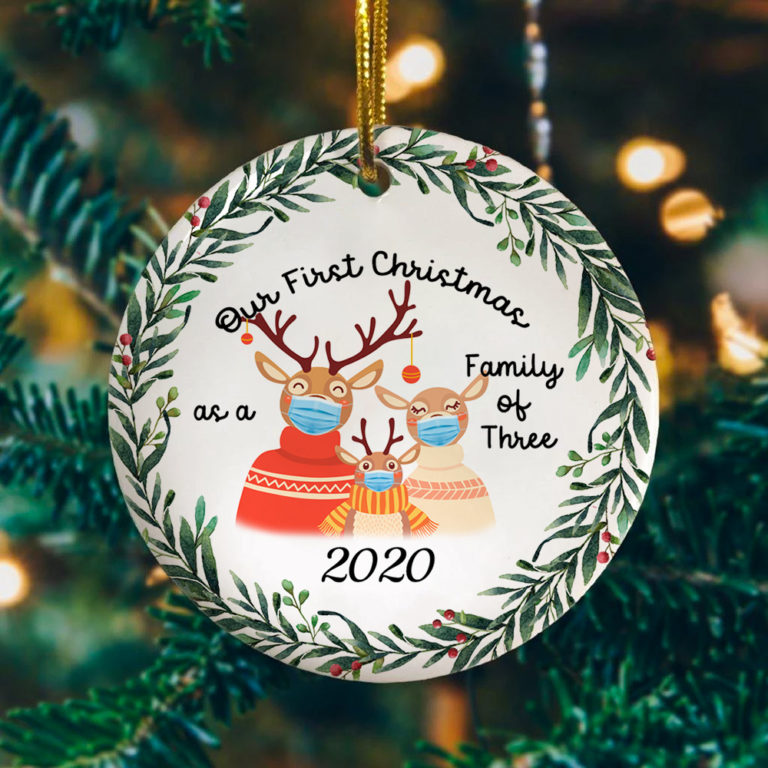 First Christmas Family Of Three Reindeer With Mask Decorative Christmas Ornament