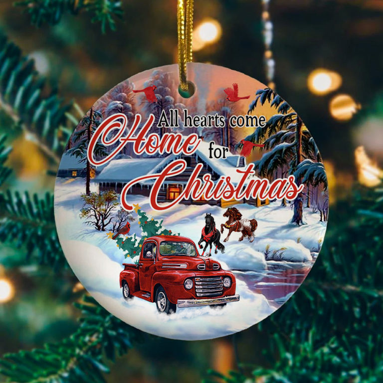 Red Truck All Hearts Come Home For Christmas Horses And Cardinals Decorative Christmas Ornament