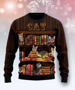 Cat Bookcase Christmas Wool Sweater
