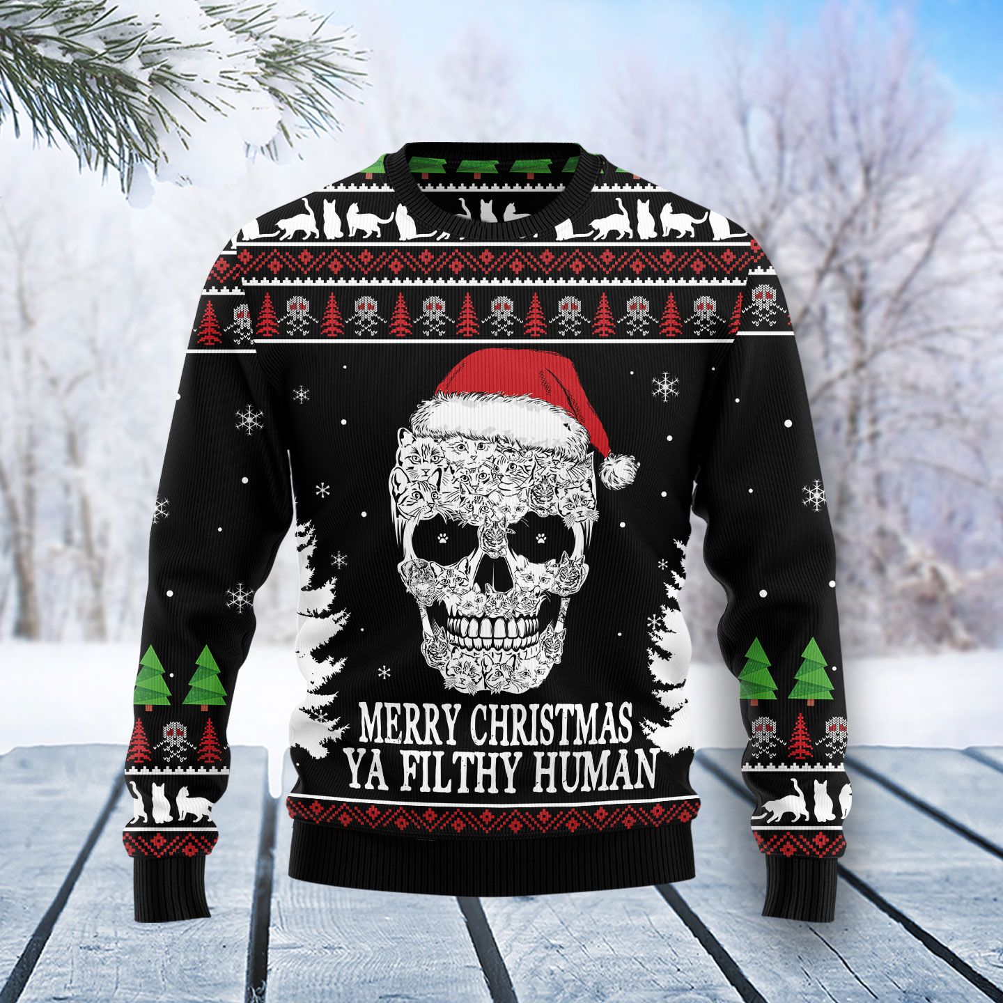 Cat Skull Santa Christmas Wool Sweater - RobinPlaceFabrics