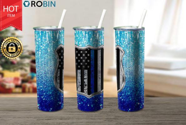 Blue Glitter Police Flag Thin Blue 17oz Tumbler