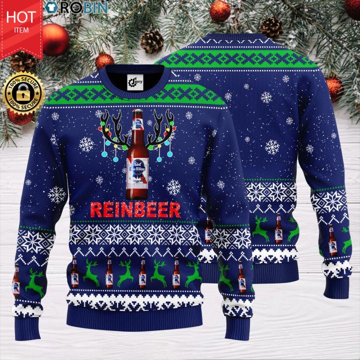 Reinbeer Pabst Blue Ribbon Beer Christmas Woollen Sweater Christmas Beer Sweaters