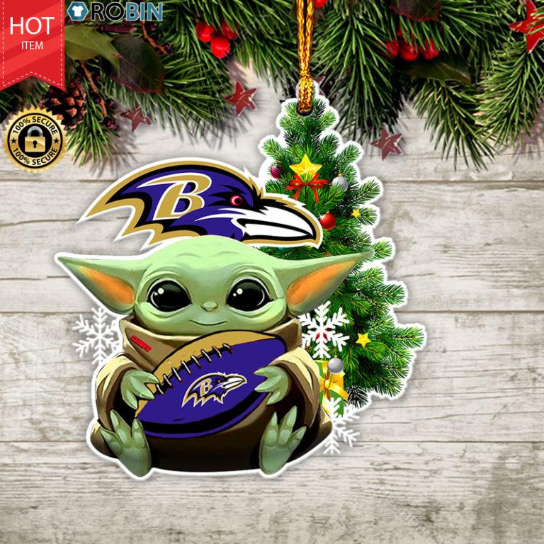 Baby Yoda Hug Baltimore Ravens Christmas Tree Ornament