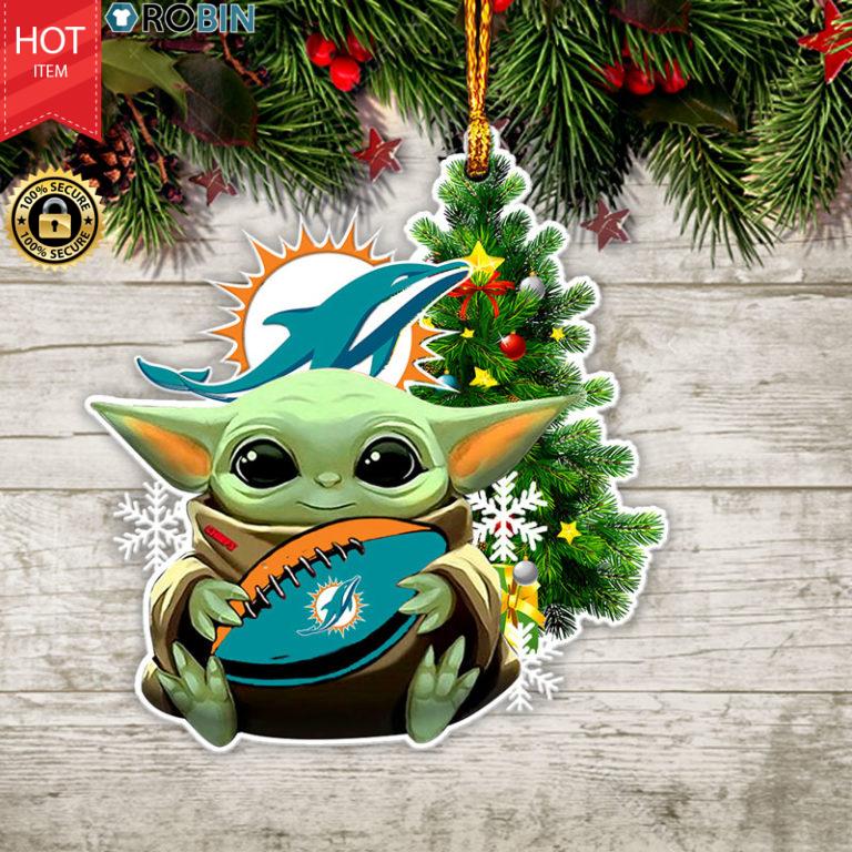 Baby Yoda Hug Miami Dolphins Christmas Tree Ornament