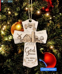 Personalized Jesus Cross Farmer Tractor God Bless Christmas Ornament