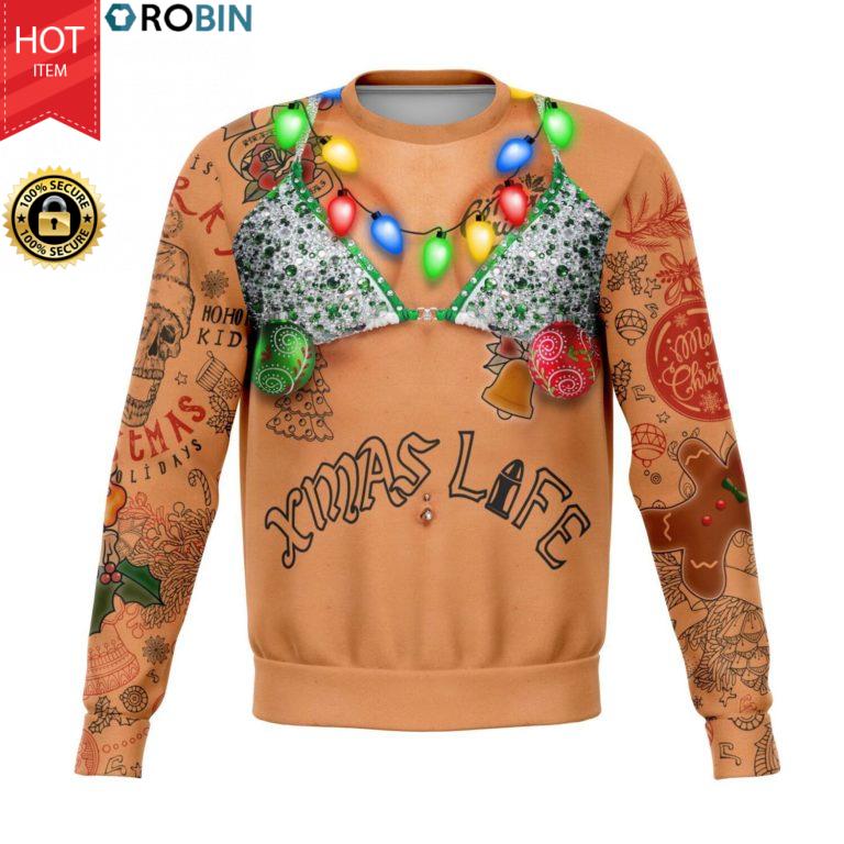 Xmas Life 3D Bra & Tattoos Skeleton Santa 3D All-Over Printed Wool Sweater