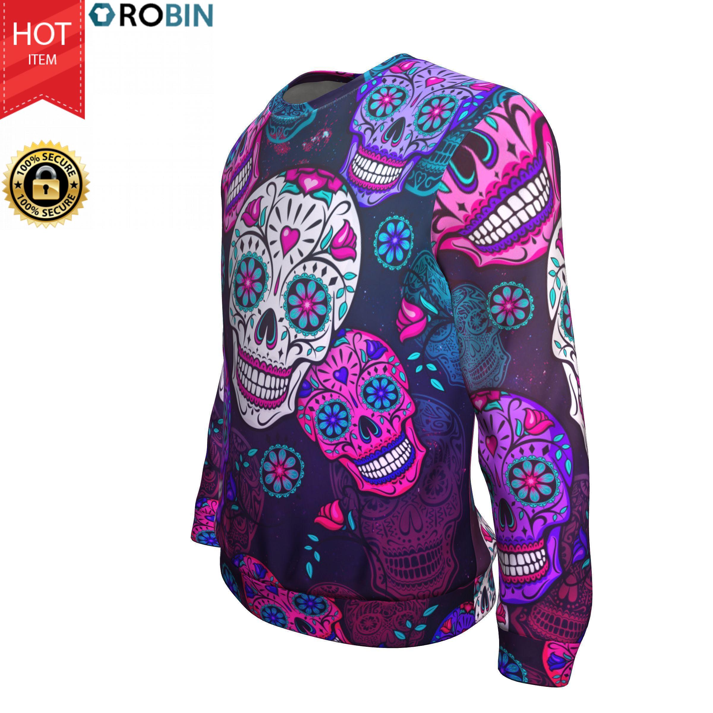 Calavera Colorful Sugar Skull Tradition All-Over Printed Wool Sweater ...