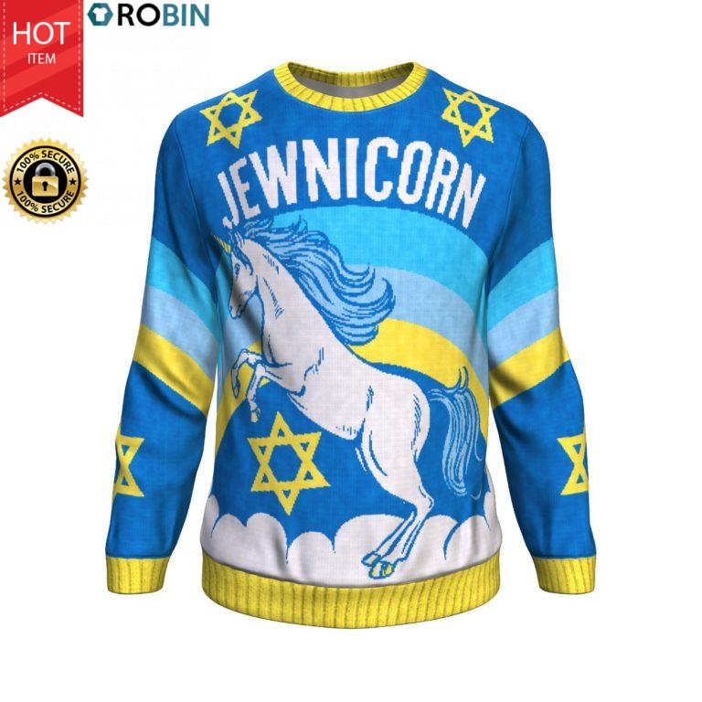 Jewnicorn Fabulous Magical Unicorn Hanukkah All-Over Printed Wool Sweater