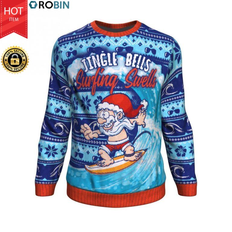 Jingle Bells Surfing Swells Santa Claus All-Over Printed Wool Sweater