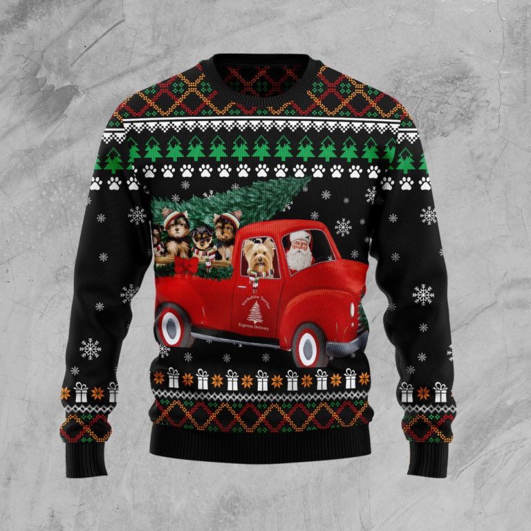 Yorkshire Terrier and Red Truck Christmas Wool Sweater