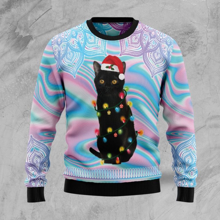 Black Cat Hologram Pattern Christmas Wool Sweater