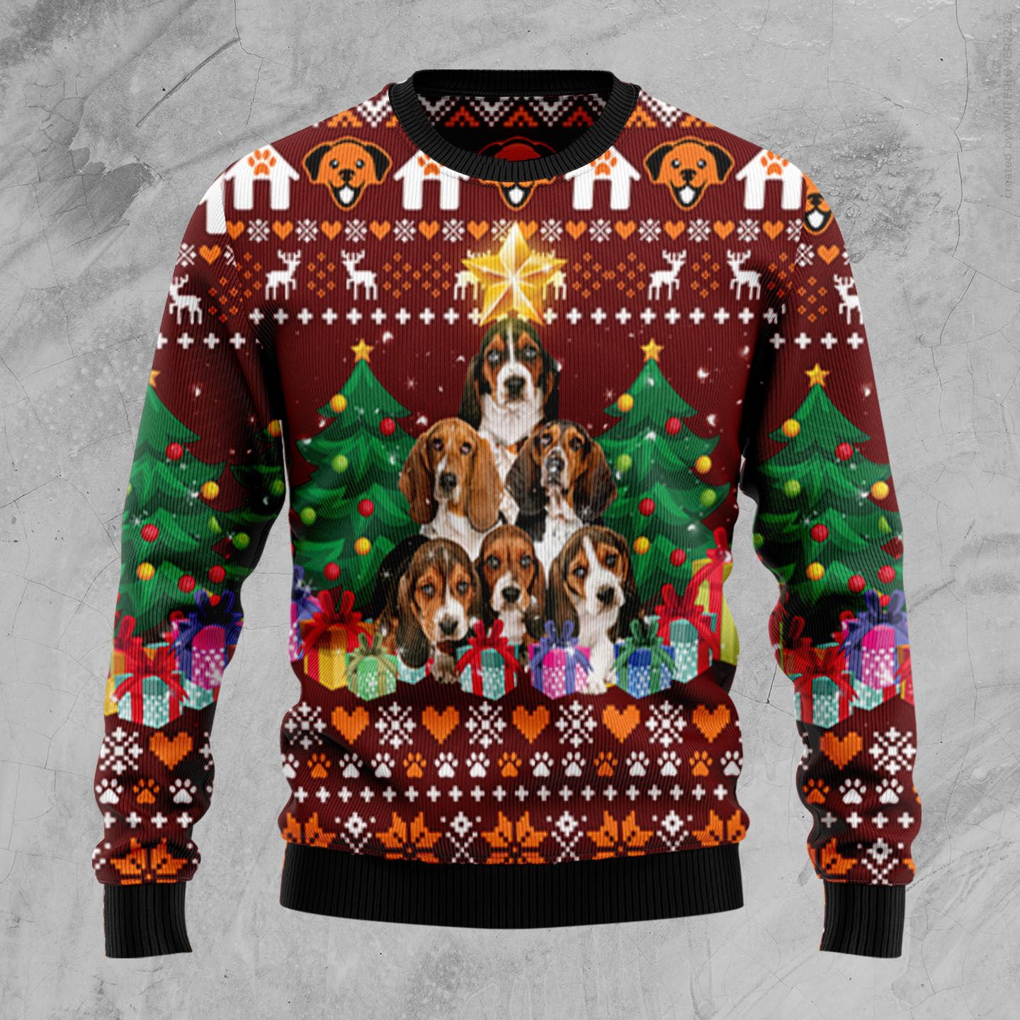 Basset Hound Pine Tree Christmas Wool Sweater - RobinPlaceFabrics