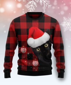 Plaid Pattern Black Cat Christmas Wool Sweater