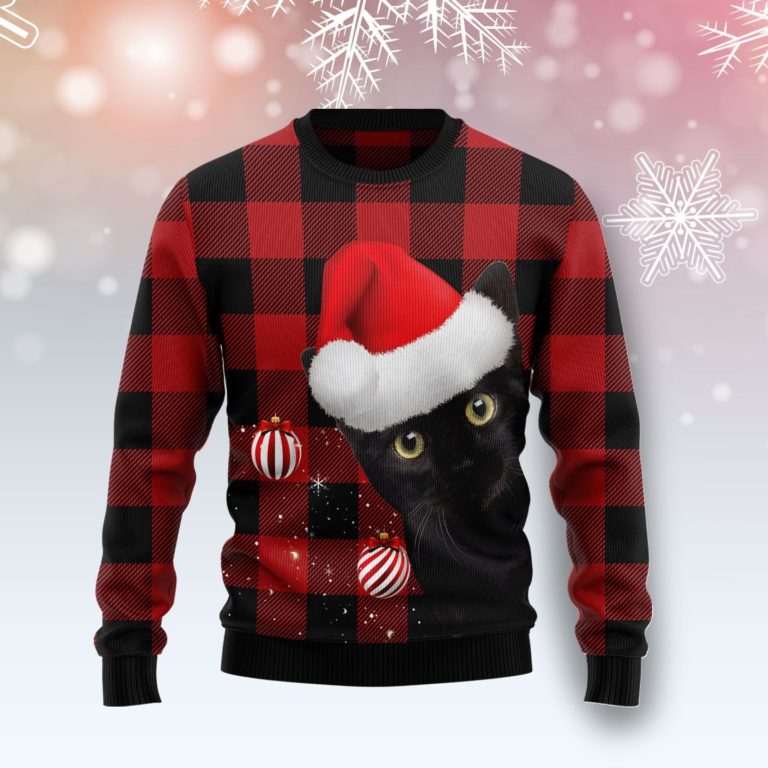 Plaid Pattern Black Cat Christmas Wool Sweater