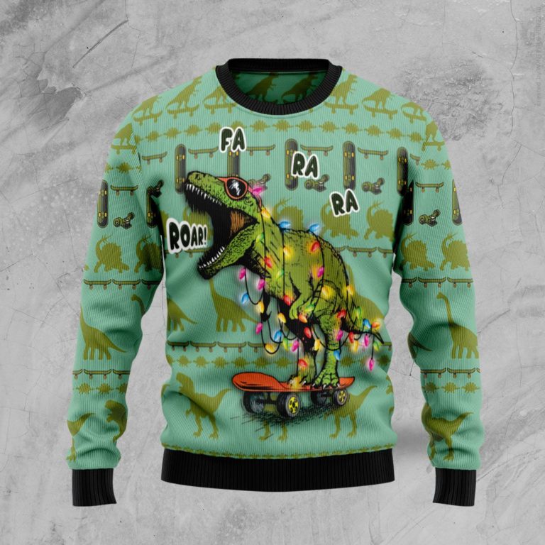Skateboard Dinosaur Christmas Wool Sweater
