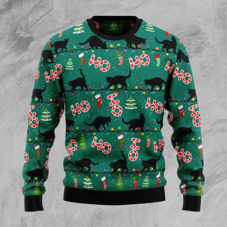 Black Cat Ho Ho Ho Christmas Wool Sweater