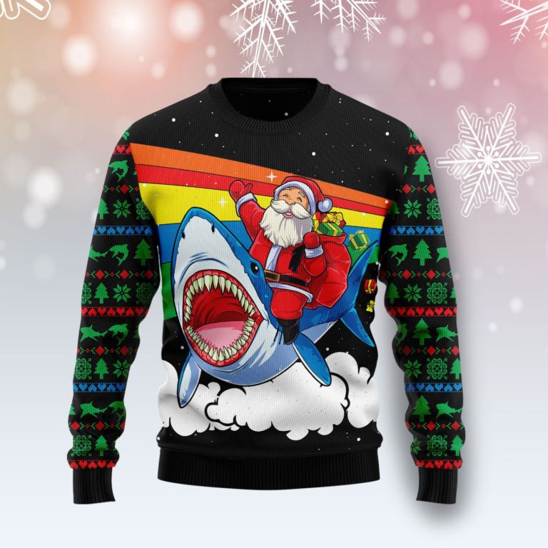Santa Riding Shark Christmas Wool Sweater
