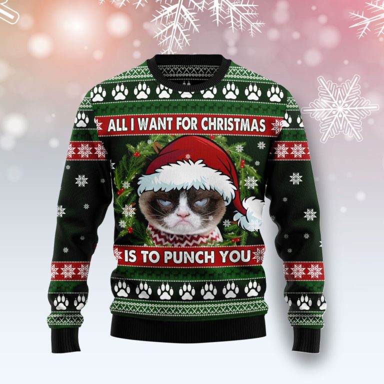 Grumpy Cat Punch You Christmas Wool Sweater