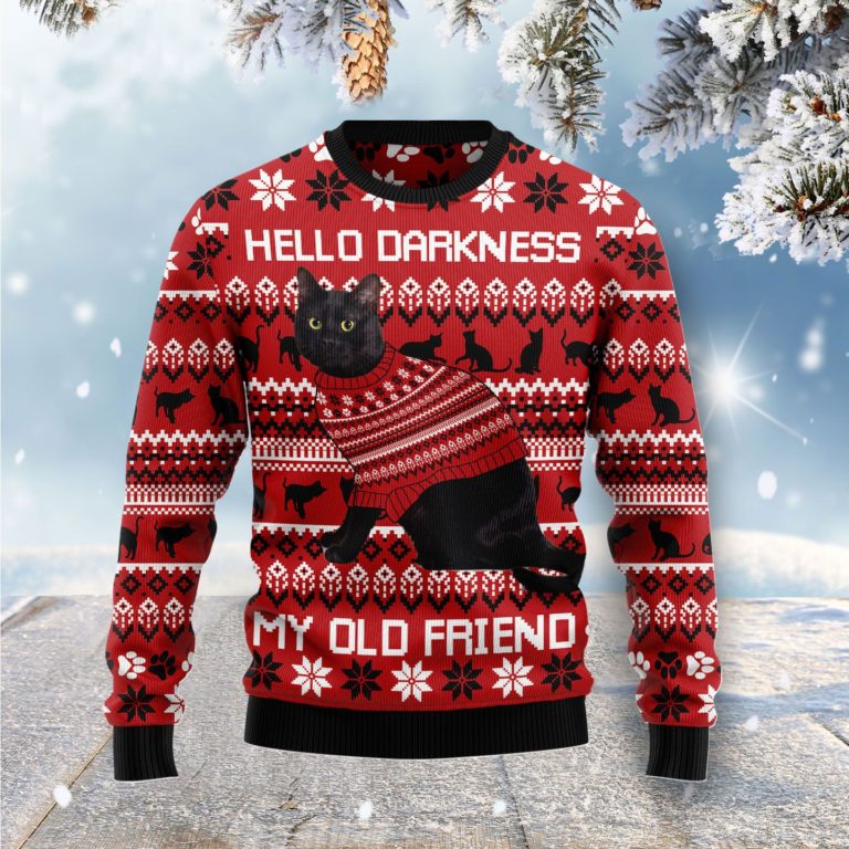 Black Cat Hello Darkness My Old Friend Christmas Wool Sweater