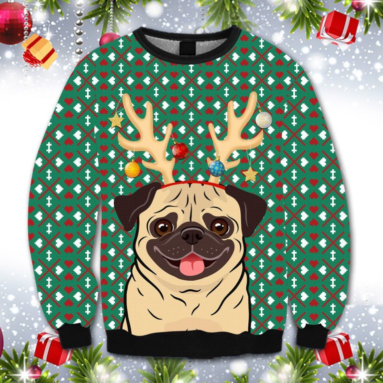 Reindeer Pug Christmas – All Over Print Christmas Wool Sweater