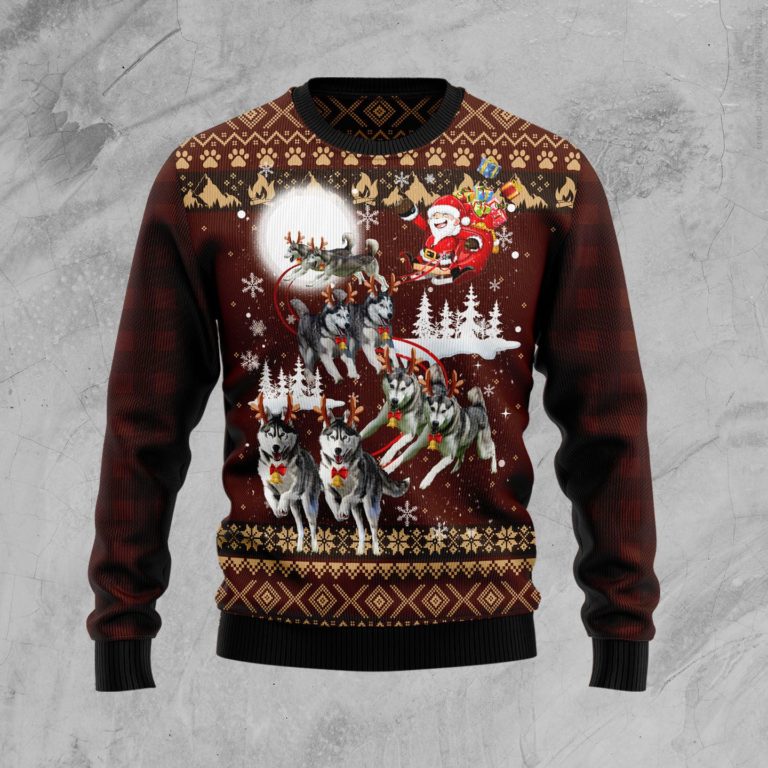 Siberian Husky Reindeers Car Christmas Wool Sweater