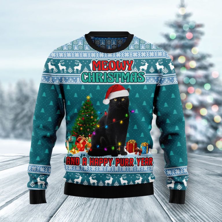 Black Cat Meomy Christmas And A Happy Purr Year Christmas Wool Sweater