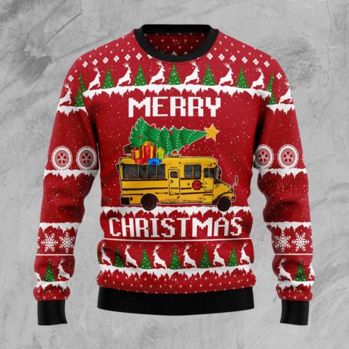 School Bus Merry Christmas Christmas Wool Sweater | RobinPlaceFabrics ...