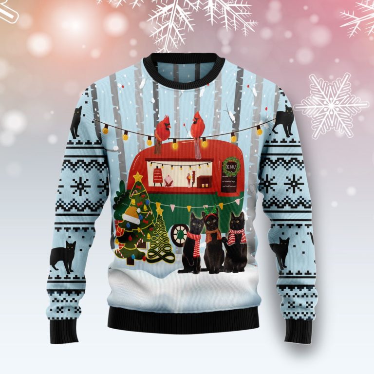 Black Cat Love Camping Christmas Wool Sweater