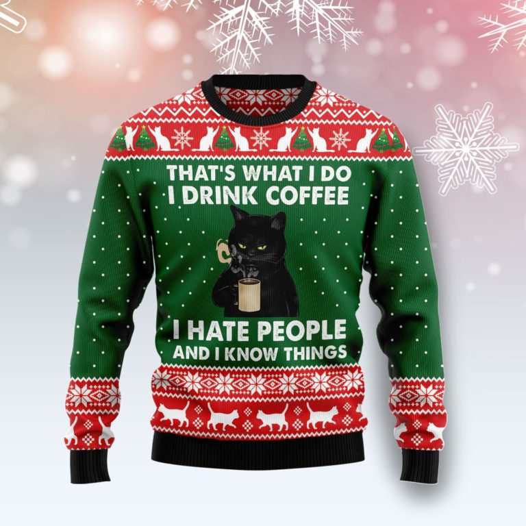 Black Cat Drink Coffee Christmas Wool Sweater