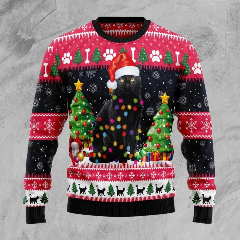 Black Cat Light Christmas Wool Sweater