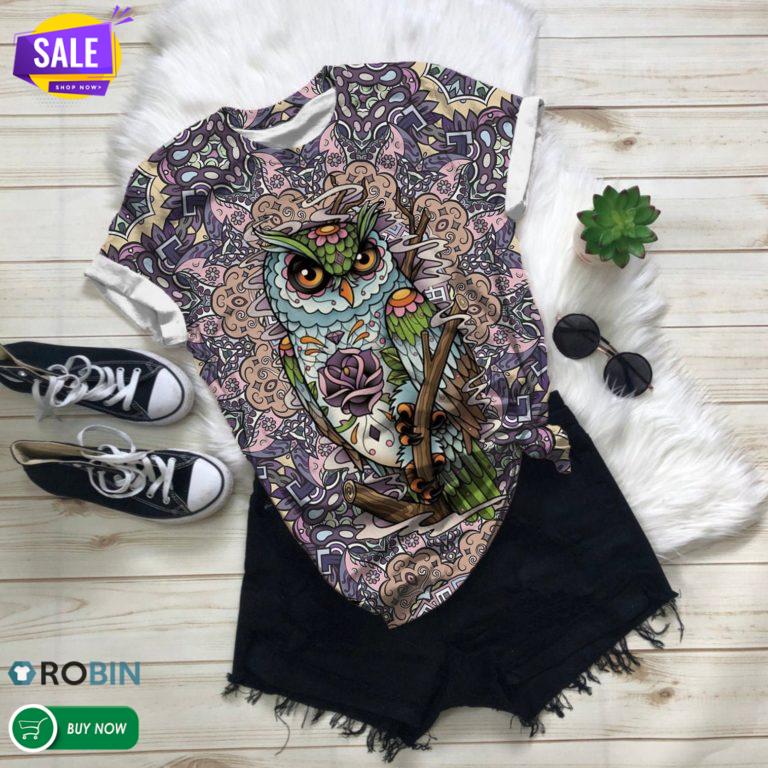 Vintage Flower Owl  3D All Over Print T-Shirt