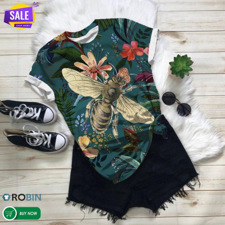Honeybee With Flowers  3D All Over Print T-Shirt