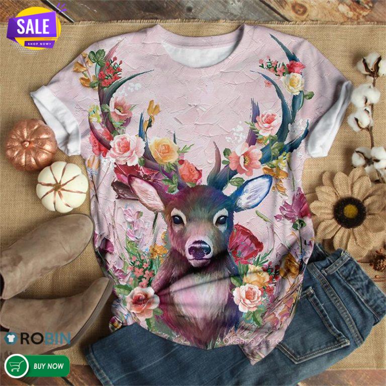 Pink Floral Deer  3D All Over Print T-Shirt